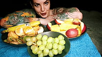 Hot horny tattooed bitch sexy eating fruit and pouring sweet yogurt on her boobs